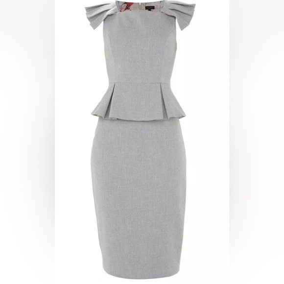 Ted Baker Daizid Peplum Dress Womens Gray Textured Midi Pleated Size 2 (US 4-6) - Picture 2 of 8